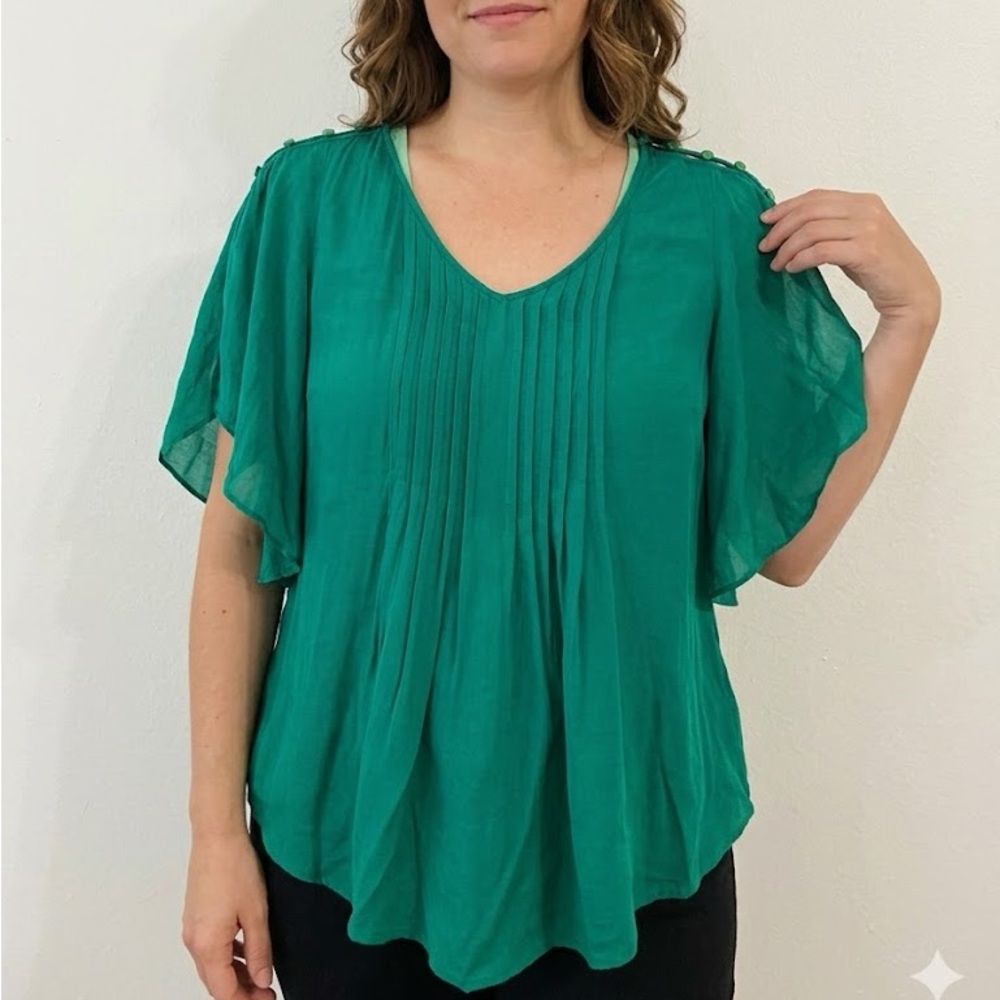 Maeve Emerald Green Pleated Flutter Sleeve Blouse - Size4